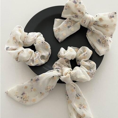 2021 New Korean Sweet White Bow Print Flower Cloth Fairy Hair Ties Scrunchies For Women Fashion Elastic Hair Bands Wholesale
