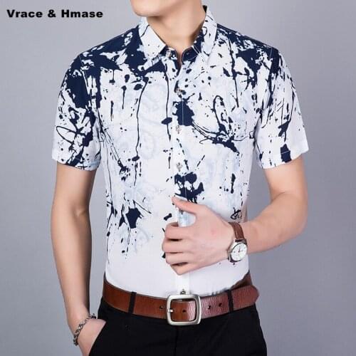 NO.1806 Creative inkjet printing fashion trend boutique short sleeve shirt Summer 2018 New quality silk cotton shirt men M-XXXL