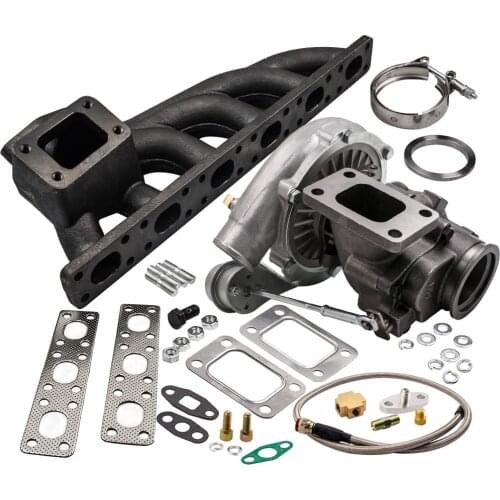 T04E T3 T4 .63 A/R Turbo Charger W/ Exhaust Manifold for BMW E36 E46 323I 1997-1999+Turbo Bradied Oil Feed Inlien Line Kit