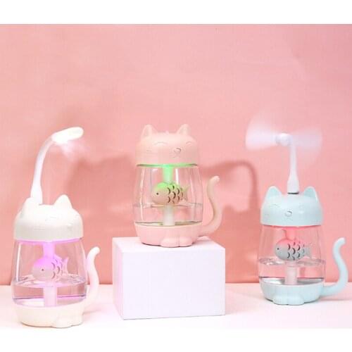 Cute Cat LED Air Humidifier Home Living Room 3 In 1 Humidifier Air Fan Diffuser Purifier Atomizer USB Charging LED Humidifier