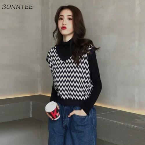 Sweater Vest Women Vintage Chic College V-neck All-match Basic Korean Ladies Knitwear Popular Simple Retro Fall Womens Sweaters