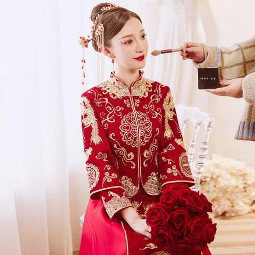 Women Luxury Ancient Royal Red Oriental Party QiPao Chinese Wedding Dress Traditional Bride Phoenix Embroidery Cheongsam