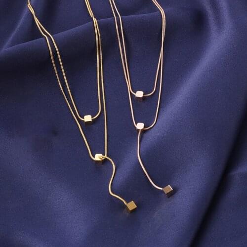 2121 New Titanium Stainless Steel Gold Color 2 Layer Square Ball Choker Necklaces Jewelry Pendant Snake Chain Necklace For Women