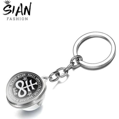 SIAN Satan Baphomet Goat Pattern Double Side Ball Keychain Art Photo Glass Dom Car Pendant Keychain For Friends Jewelry Gifts