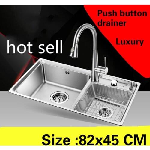 Free shipping Apartment big kitchen double groove sink vogue push button drainer luxury 304 stainless steel hot sell 82x45 CM