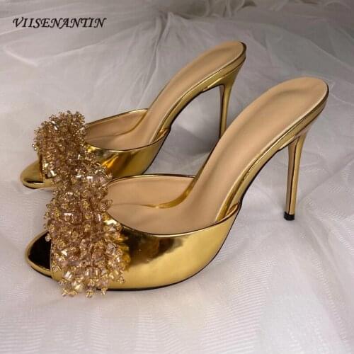 Thin Heel Sexy Slipper Shoes 2020 Beige Gold Shiny Leather Fish-mouth Toe Slip on Slides Outdoor Female Summer Dress Shoes