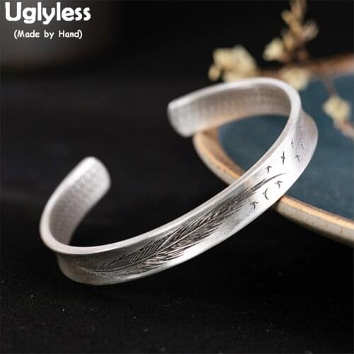 Uglyless Solid 999 Silver Concave Convex Flying Feather Bangles for Women Free Size Open Wide Bangle 2sides Carved Jewelry BA581