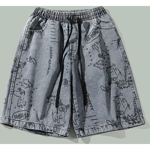 Hip Hop Cargo Anime Printed Five Points Jeans Men Harajuku Streetwear Loose Washed Shorts Korea Summer Cotton Jogger Male Shorts