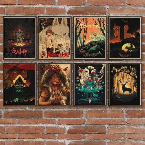 Miyazaki Hayao Comic Anime Princess Mononoke Hime Wall Sticker Cafe Bar Retro Kraft Poster Decorative Painting