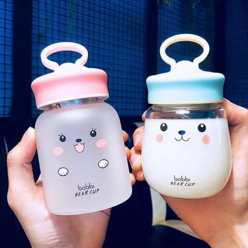 Kawaii Glass Water Bottle Portable Cute Bear Cup With Tea Strainer Leak-proof Drinking Bottle For Girl Students Kids Travel Cup