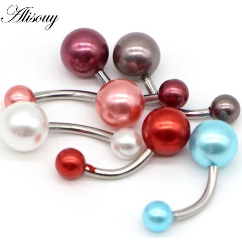 Alisouy 1 PCS six colors Pearl Color Ball Navel Ring Belly Button Bar Body Jewelry navel piercing Stainless Steel belly ring