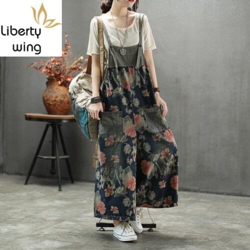 Summer New Brand Womens Suspender Floral Print Denim Jumpsuits High Waist Ankle Length Fashion Casual Wide Leg Overalls