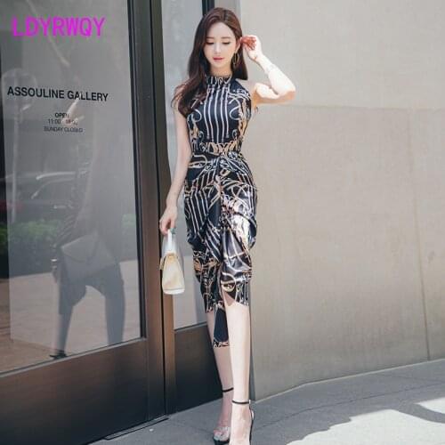 LDYRWQY 2021 new waist waist temperament halter neck sexy bag hip dress Zippers Office Lady Polyester