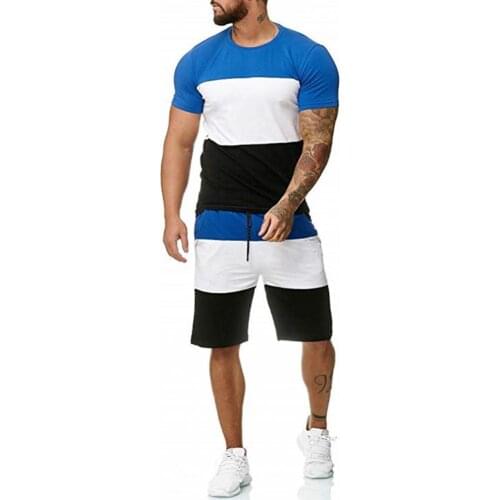 Men Tracksuit Color Block Quick Dry Summer Short Sleeve T-shirt Drawstring Shorts Set for Sports