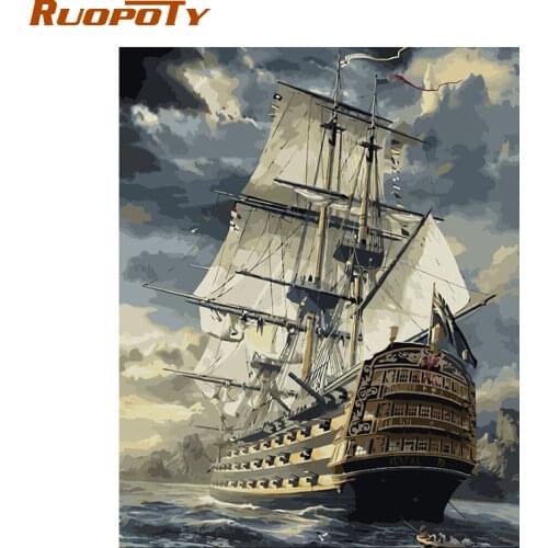 RUOPOTY Frame Sailing Boat Landscape DIY Painting By Numbers Hand painted Vintage Oil Painting Home Wall Art Picture 40x50cm