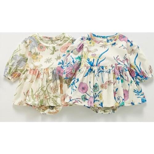 2021 New Baby Girl Bodysuit Autumn Long Sleeve Girls Jumpsuit Fashion Print Princess Cotton Clothes With Bow Dress