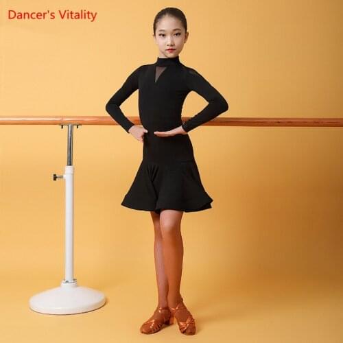 Latin Dance Dress Mesh Splicing Skirt Long Sleeve Practice Clothes Girls Temperament Stand Collar Performance Clothing