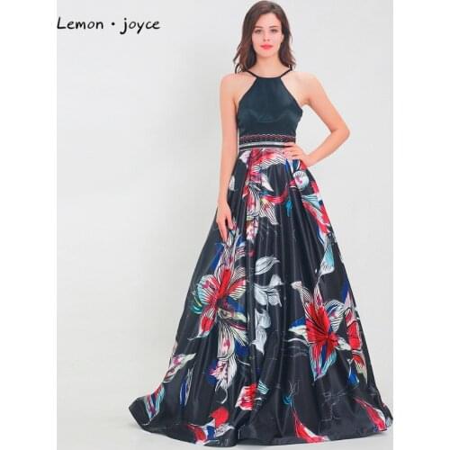 Lemon joyce Elegant Black Prom Dresses 2020 New Style Floral Print Sexy Simple Evening Dresses Floor Length A-line Party Gowns