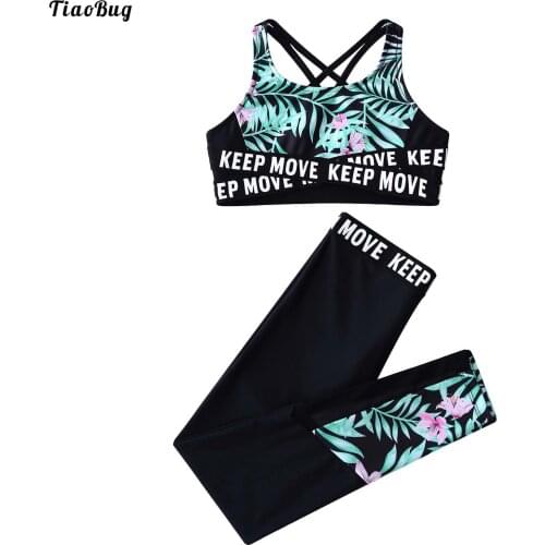 TiaoBug Kids Girls Floral Print Sport Clothes Set Sleeveless Round Neckline Crop Top With Pants Patchwork Yoga Gym Sportwear