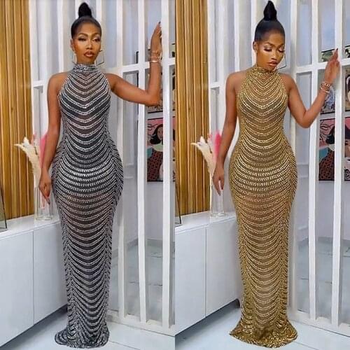 Rhinestone Diamonds Women Long Evening Party Dress Sleeveless Halter Sexy See Through Back Zip Stretchy Bodycon Skinny Maxi Dres