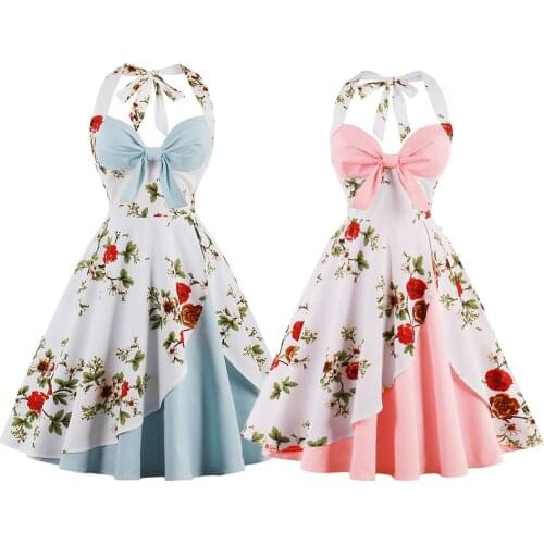 Vintage Floral Printed Halter Pleated Dress Rockabilly Pinup