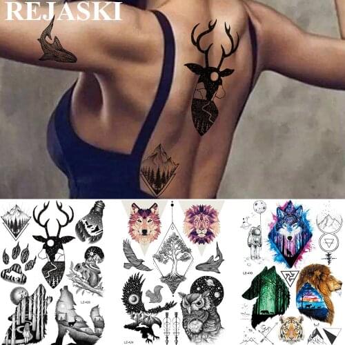 REJASKI Elk Deer Wolf Forest Temporary Tattoos For Men Sticker Mountain Paw Howl Black Tatoos Waterproof Body Art Custom Tattoo