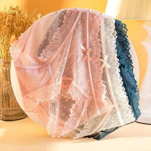 Wasteheart Women Fashion Green Pink Lace Trim Cotton Bow Mid Waist Panties Underwear Lingerie Briefs Plus Size Underpants M L XL