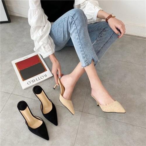 New Arrivals Pointed Toe Shallow Women Slippers Slip On High Heels Beige/Black Casual Outdoor Mules Black/Beige Flock Leather