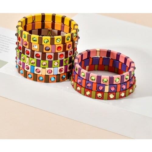 Boho Women Jewelry Crystal CZ Cubic Zircon Rainbow Stone Tennis Bracelet Stretchy Tile Bracelet Beach Jewelry Gift For Women