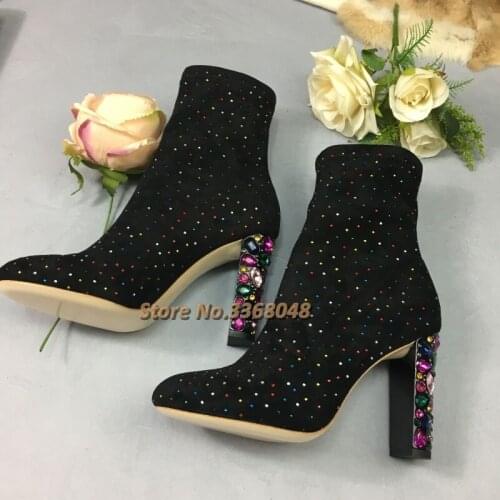 Colorful Crystal Diamond Heel Dress Booties Square High Heel Round Toe Slip On Suede Winter Women Boots Flock Custom Made Shoes