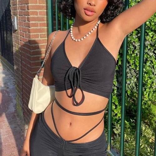 Women 2 Piece Bodycon Outfits Set Sleeveless Halter Ruched Drawstring Crop Top Lace-Up Bandage Long Pants Solid Color Tracksuit