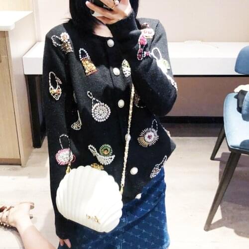 Fall 2020 Autumn Cardigan Women Bags and Shoes Pattern Beaded Cute Cardigan O-neck Single Breasted Sweater Coat White Cardigan