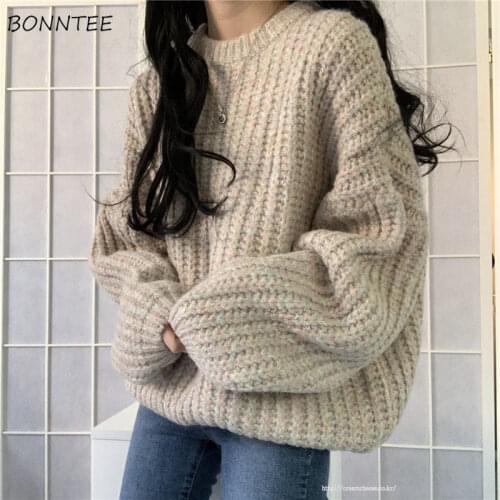 Sweaters Women O-Neck Loose Leisure Long Sleeve Solid Autumn Soft Chic Stylish Korean Style Female Pullovers All-match Knitting