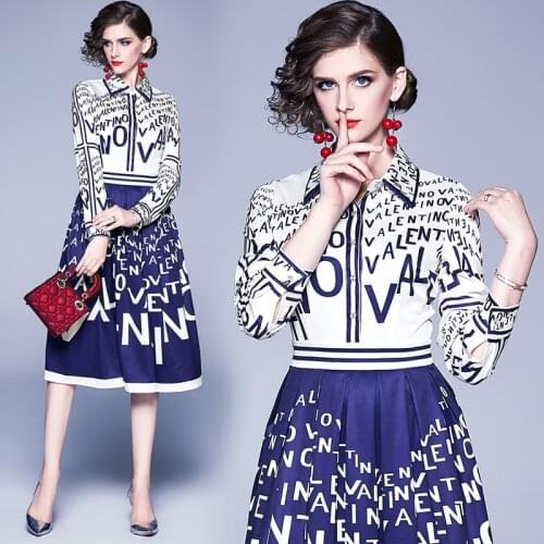 Blue Fashion Designer Long Sleeve Lapel Shirt Dress 2021 Spring Autumn Letter Print Show Thin High Waist Female Party Midi Dress