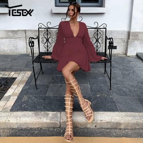 Yesexy New Sexy Deep V Neck Flare Long Sleeve Mini Dress Solid Color Casual Dress Autumn Pleated Women Chiffon Short Dress M0206