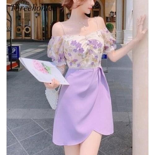 Floral Sweet Elegant Dress For Women Summer 2021 Print Boho Korea Party Mini Puff Sleeve Beach France Vintage Strap Dresses