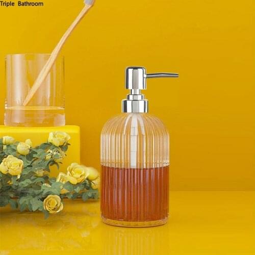 1 pc 400ml Liquid Soap Glass Bottle Transparent Nordic Style Vertical Stripe Hand Sanitizer Bottle Bathroom Hotel Soap Bottles
