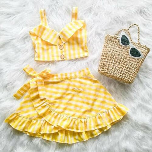 2021 New Children Baby Girls Yellow Plaid Clothes Sets Shoulderless Strap Crop Tops+Ruffles Lace-up Skirt Girl Outfits 1-5Y