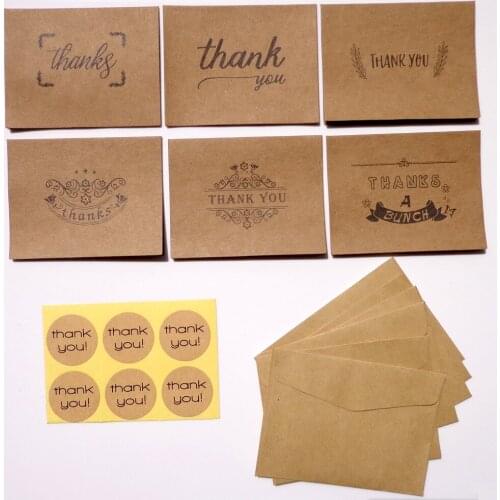 60Sets Thank You Kraft Greeting Cards Blank Inside with Envelope Sticker for Party Wedding Baby Shower Flower Frame LaceBow Deco