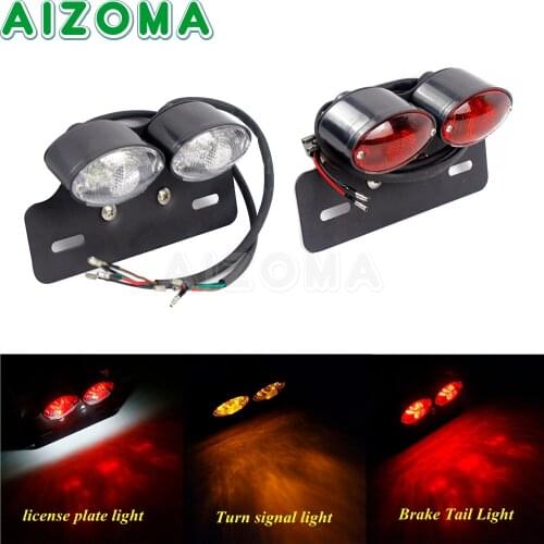 Custom Motorcycle Dual Cat Eyes Brake Taillight LED Turn Signal Lights w/ Number Plate Holder Lamp For Harley Sportster Bobber
