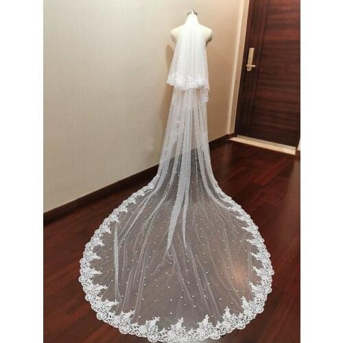 Lace Pearls Wedding Veil 3.5 Meters Long 2 Tiers Bridal Veil with Comb New Pearls Bride Headpieces Wedding Accessories
