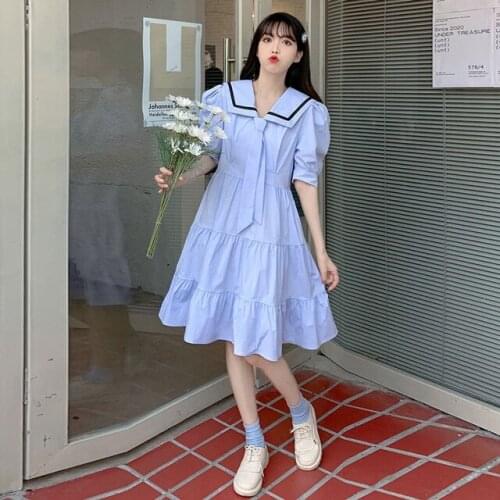 Hstar 2021 Summer Solid Puff Sleeve Preppy Style Dress Women Harajuku Sailor Collar Kawaii High Waist Loose Japanese JK Dress