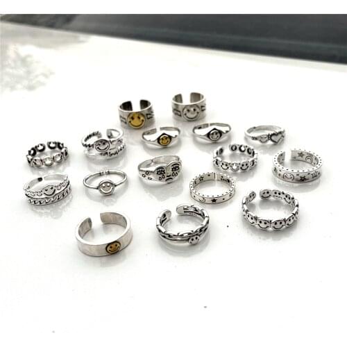Elegant 15 Styles Happy Smile Face Open Ring For Women Ancient Silver Color Hollow Cute Multi Smiley Faces Adjustable Rings A908