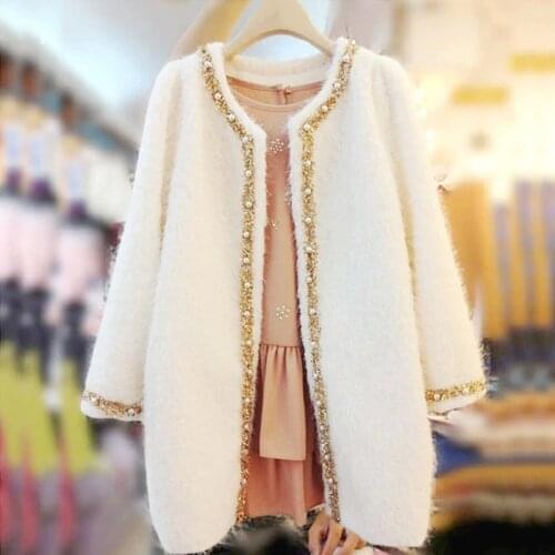 Spring Fashion New Korea Womens Pearl Round Collar Jackets Female Brand Wool Blend Slim Fit Long Coat Beads Jacket Trench