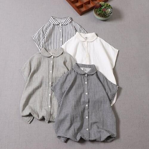 Lamtrip Summer Peter Pan Collar Cotton Yarn Short Sleeve Women Casual Shirt Blouse
