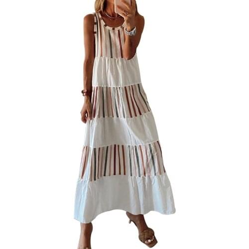 Summer Women Boho Maxi Dress Striped Print Sleeveless Dresses Beach Sundress Robe Female Vestidos