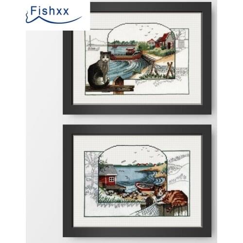 Fishxx Cross Stitch C291 Coastal Landscape Cat Color Box Cute Thumbnail Two Handmade Embroidery Bags