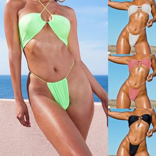 2021 New Bikini European and American Swimwear Nylon Bright Fabric Sexy Drawstring Cross-Border Swim