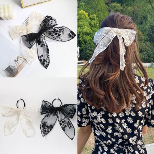 New White Lace Bow Elastic Hair Bands Rope for Women Girls Long Ribbon Bowknot Hair Clips Barrettes Ladies Hair Accessories
