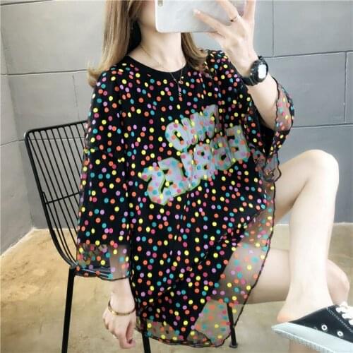 Summer 2021 New Women Korean New Fashion Loose Fake Two-piece Letter Dot Printing Mesh T-shirts O-neck Short-sleeved Tops Y738